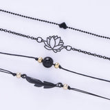 4PCs Gothic Black Feather Lotus Bracelets Set