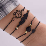 4PCs Gothic Black Feather Lotus Bracelets Set