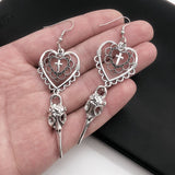 Gothic Heart Cross Bird Skull Earrings