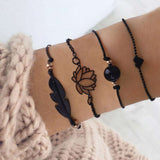 4PCs Gothic Black Feather Lotus Bracelets Set