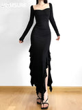 Ruffled Split Black Maxi Dress