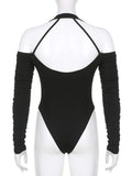 Hollow Out Shoulder Long Sleeve Black Bodysuit