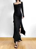 Ruffled Split Black Maxi Dress