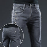 Men Trendy Denim Slim Button Black Jeans