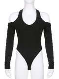 Hollow Out Shoulder Long Sleeve Black Bodysuit