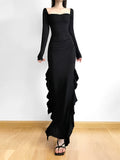 Ruffled Split Black Maxi Dress