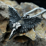 Raven Skull Pendant Steel Wing Necklace