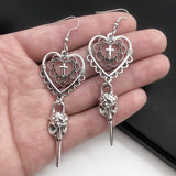 Gothic Heart Cross Bird Skull Earrings