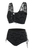 Bat Crescent Mesh Lace-Up Padded Bikini Set